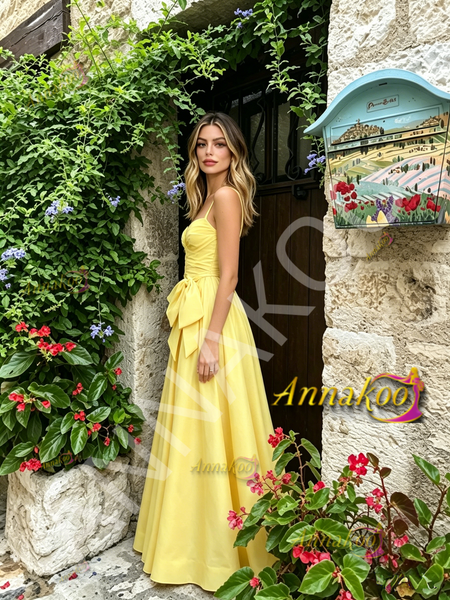 Shop 2026 ANNAKOO Spaghetti Straps Satin A Line Bow Yellow Ruched Prom Dress Under 169