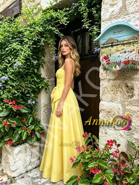 Shop 2026 ANNAKOO Spaghetti Straps Satin A Line Bow Yellow Ruched Prom Dress Under 169