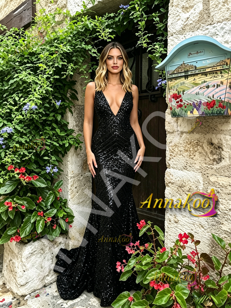 Shop 2026 ANNAKOO Black Sequin V Neck Trumpet Mermaid Prom Dress Under 179