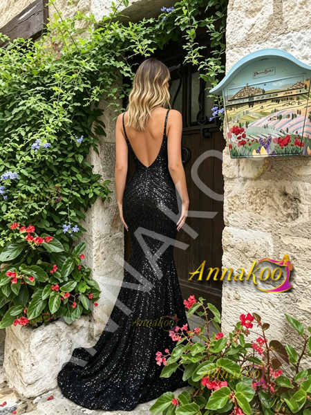 Shop 2026 ANNAKOO Black Sequin V Neck Trumpet Mermaid Prom Dress Under 179