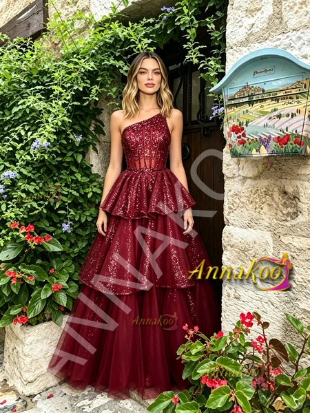 Shop 2026 ANNAKOO One Shoulder Burgundy Layers Sparkle Tulle Prom Dress Under 229