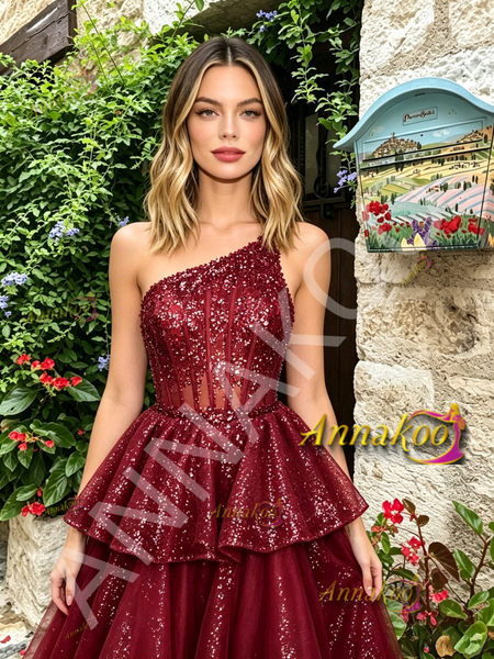 Shop 2026 ANNAKOO One Shoulder Burgundy Layers Sparkle Tulle Prom Dress Under 229
