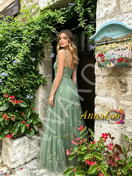 Shop 2026 Annakoo Green Spaghetti Straps Tulle Print Layers Prom Dress Under 149