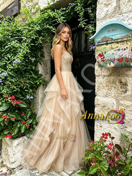 Shop 2026 ANNAKOO Spaghetti Straps Beading Ruffles Champagne Tulle Prom Dress Under 239