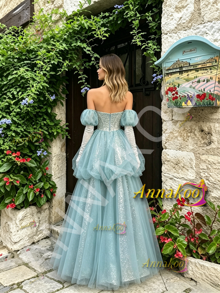 Shop 2026 ANNAKOO Puffy Sleeves Blue Tulle Layer A Line Beading Prom Dress Under 229