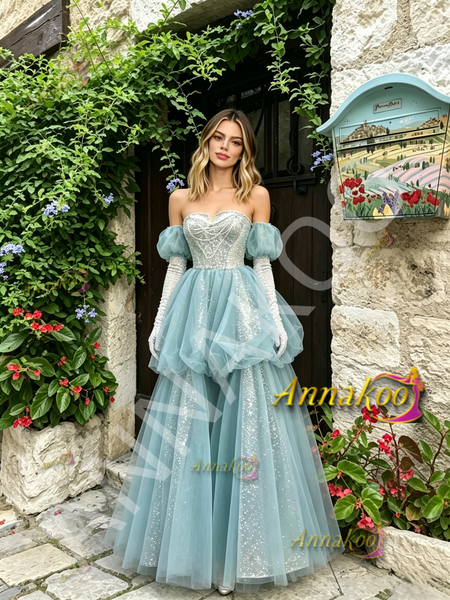 Shop 2026 ANNAKOO Puffy Sleeves Blue Tulle Layer A Line Beading Prom Dress Under 229
