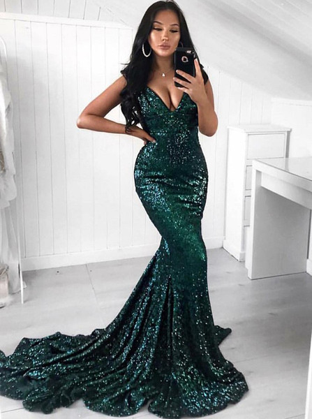 Mermaid Long V-Neck Green Sequined Prom Dress
