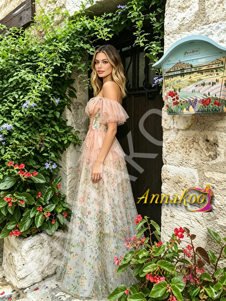 Shop 2026 ANNAKOO Pink Off The Shoulder Print Floral Tulle Prom Dress  198