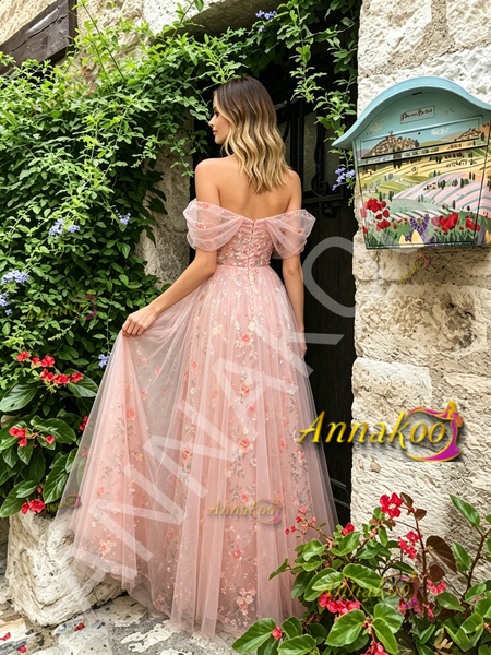 Shop 2026 ANNAKOO Pink Off The Shoulder Floral A Line Prom Dress Under 198