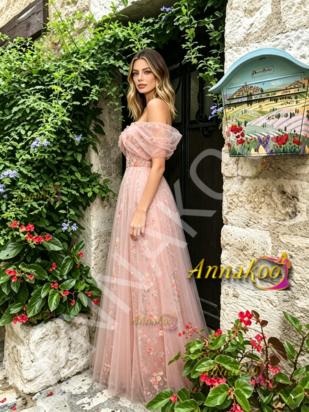 Shop 2026 ANNAKOO Pink Off The Shoulder Floral A Line Prom Dress Under 198