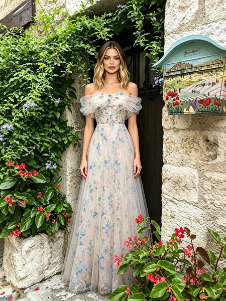 Shop 2026 ANNAKOO Blue Flower Print A Line Tulle Off The Shoulder Prom Dress Under 178