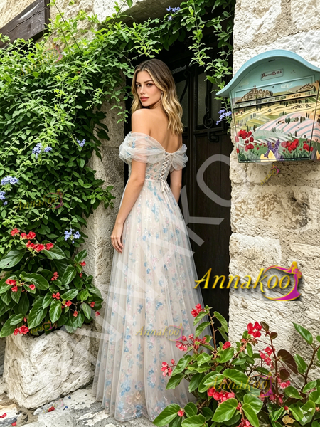 Shop 2026 ANNAKOO Blue Flower Print A Line Tulle Off The Shoulder Prom Dress Under 178
