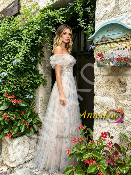 Shop 2026 ANNAKOO Blue Flower Print A Line Tulle Off The Shoulder Prom Dress Under 178