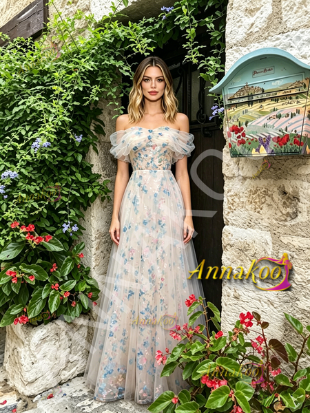 Shop 2026 ANNAKOO Blue Flower Print A Line Tulle Off The Shoulder Prom Dress Under 178