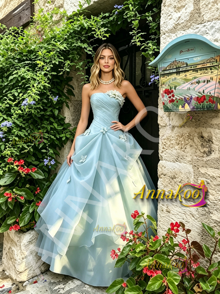 Shop 2026 ANNAKOO Sweetheart Light Blue Tulle Flowers Ruched Prom Dress Under 249