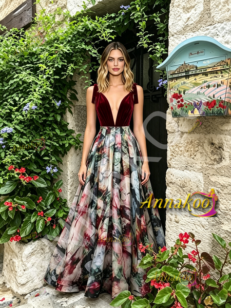 Shop 2026 ANNAKOO Tie Straps V Neck Velvet Print A Line Prom Dress Under 189