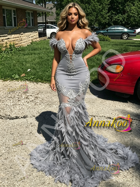 Shop 2026 ANNAKOO Gray Off The Shouler Feather Trumpet Mermaid Appliques Prom Dress Under 497