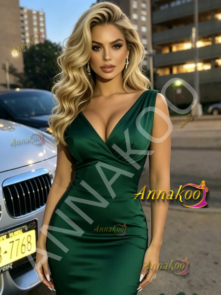 Shop 2026 ANNAKOO Dark Green V Neck Trumpet Mermaid Satin Prom Dress Under 169