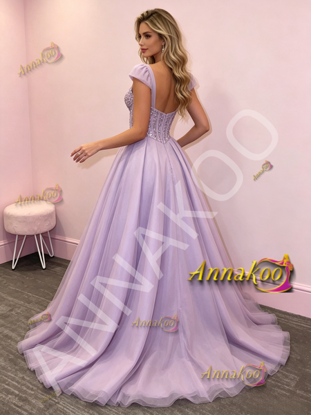 Shop 2026 ANNAKOO Cap Sleeve Tulle Beading  A Line Lavender Prom Dress Under 259