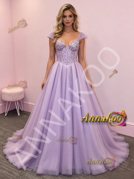 Shop 2026 ANNAKOO Cap Sleeve Tulle Beading  A Line Lavender Prom Dress Under 259