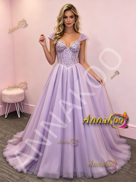 Shop 2026 ANNAKOO Cap Sleeve Tulle Beading  A Line Lavender Prom Dress Under 259