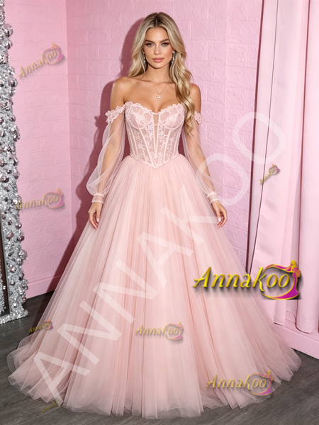 Shop 2026 ANNAKOO Long Sleeve Off The Shoulder Pink A Line Tulle Prom Dress Under 198
