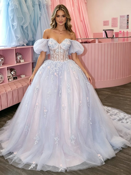 Shop 2026 ANNAKOO Purple Off The Shoulder Puffy Sleeves A Line Appliques Prom Dress Under 289
