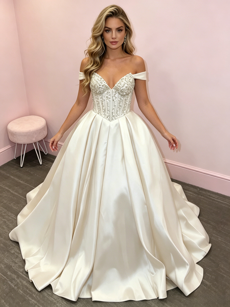 Beige Off The Shouler Beading A Line Satin Prom Dress