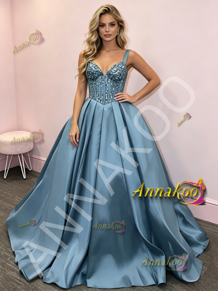 Shop 2026 ANNAKOO Straps Beading Blue Satin A Line Prom Dress Under 189