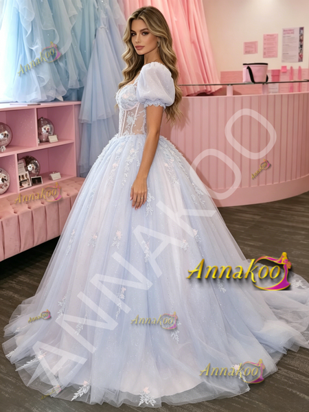 Shop 2026 ANNAKOO Short Sleeve Square Tulle Appliques Purple Prom Dress Under 229