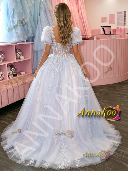 Shop 2026 ANNAKOO Short Sleeve Square Tulle Appliques Purple Prom Dress Under 229