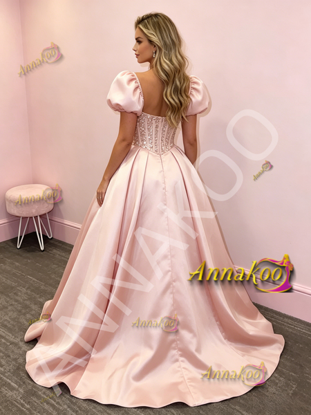 Shop 2026 ANNAKOO Pink Puffy Sleeve A Line Satin Beading Sweetheart Prom Dress Under 229