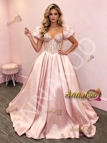 Shop 2026 ANNAKOO Pink Puffy Sleeve A Line Satin Beading Sweetheart Prom Dress Under 229