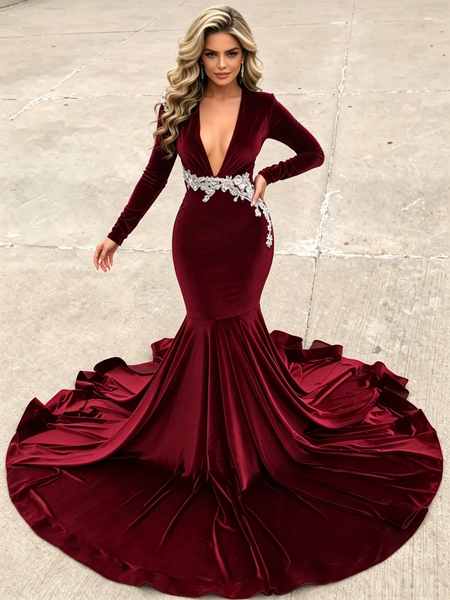 Shop 2026 ANNAKOO Burgundy Sweetheart Appliques Velvet Trumpet Mermaid Long Sleeve Prom Dress Under 199