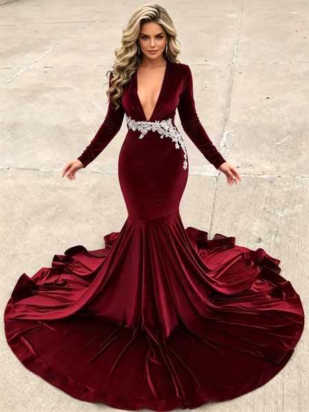 Burgundy Sweetheart Appliques Velvet Trumpet Mermaid Long Sleeve Prom Dress