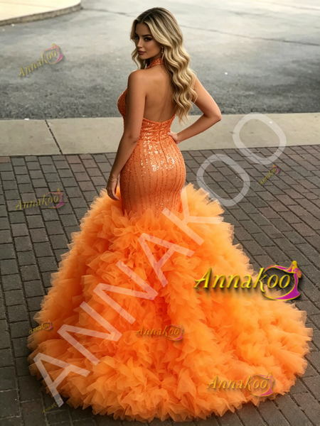 Shop 2026 ANNAKOO Orange Halter Trumpet Mermaid Sequin Tulle Ruffles Prom Dress Under 389