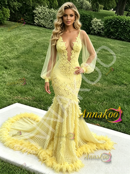 Shop 2026 ANNAKOO Yellow V Neck Feather Long Sleeve Trumpet Mermaid Prom Dress Under 489