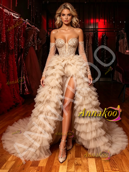 Shop 2026 ANNAKOO Off The Shouder Layer Champagne Tulle Prom Dresss With Slit Under 348