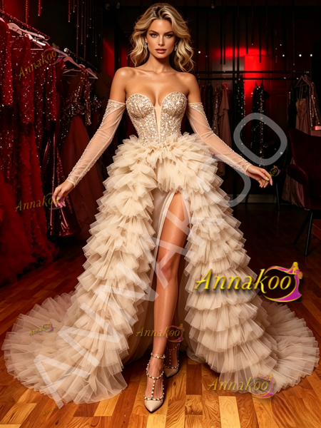 Shop 2026 ANNAKOO Off The Shouder Layer Champagne Tulle Prom Dresss With Slit Under 348