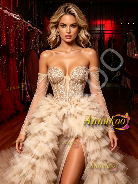Shop 2026 ANNAKOO Off The Shouder Layer Champagne Tulle Prom Dresss With Slit Under 348