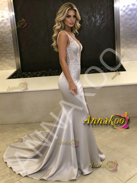 Shop 2025 ANNAKOO Gray V Neck Trumpet Mermaid Satin Appliques Prom Dress Under 259
