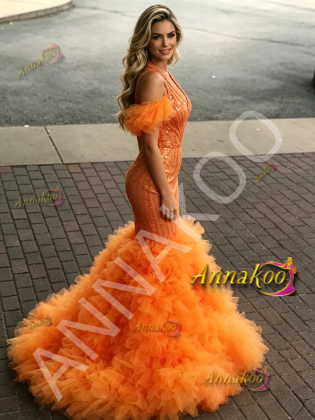 Shop 2026 ANNAKOO Halter Orange Tulle Trumpet Mermaid Prom Dress Under 399