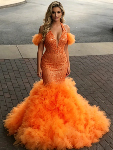 Shop 2026 ANNAKOO Halter Orange Tulle Trumpet Mermaid Prom Dress Under 399