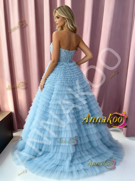 Shop 2026 ANNAKOO Blue Sweetheart Tulle Flower A Line Prom Dress Under 278