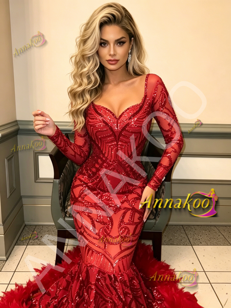 Shop 2026 ANNAKOO Long Sleeve Red Trumpet Mermaid Sequin Ruffles Prom Dress Under 289