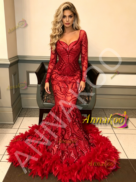 Shop 2026 ANNAKOO Long Sleeve Red Trumpet Mermaid Sequin Ruffles Prom Dress Under 289