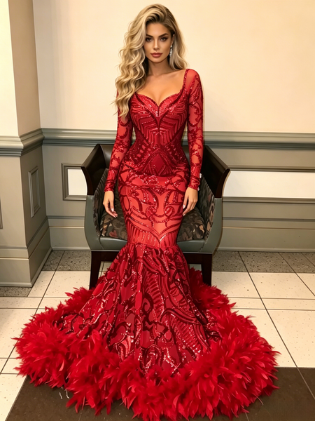 Shop 2026 ANNAKOO Long Sleeve Red Trumpet Mermaid Sequin Ruffles Prom Dress Under 289