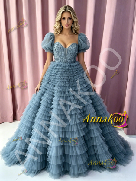 Shop 2026 ANNAKOO Puffy Sleeves A Line Flower Layers Blue Tulle Prom Dress Under 279