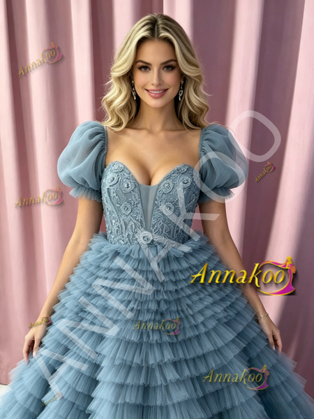 Shop 2026 ANNAKOO Puffy Sleeves A Line Flower Layers Blue Tulle Prom Dress Under 279