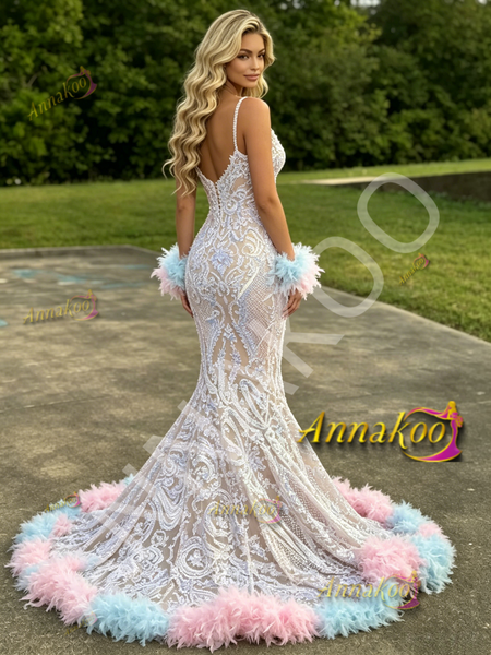 Shop 2026 ANNAKOO Sequin Spaghetti Straps White Feather Trumpet Mermaid Prom Dress Under 339